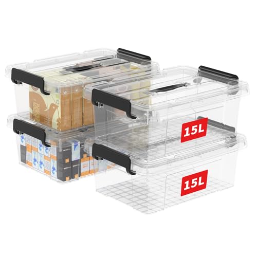 Cetomo,15L,4er-Pack, Aufbewahrungsbox mit deckel,Aufbewahrungsboxen, mit Clips, stapelbar, Wohnzimmer, Schlafzimmer.lebensmittelecht,Verschlussclips,Neumaterial Plastik-Box transparent von Cetomo