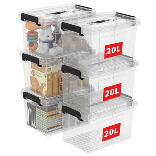 Cetomo,20L,6er-Pack, Aufbewahrungsbox mit deckel,Aufbewahrungsboxen, mit Clips, stapelbar, Wohnzimmer, Schlafzimmer.lebensmittelecht,Verschlussclips,Neumaterial Plastik-Box transparent schwarz von Cetomo