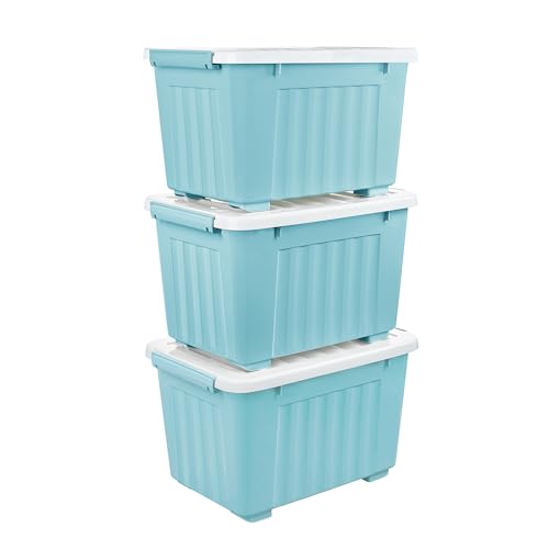 Cetomo,35L,3er-Pack, Aufbewahrungsbox mit deckel,Aufbewahrungsboxen, mit Clips, stapelbar, Wohnzimmer, Schlafzimmer.lebensmittelecht,Verschlussclips,Neumaterial Plastik-Box blau von Cetomo