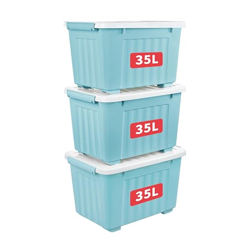 Cetomo 35L*3 Aufbewahrungsboxen mit Deckeln, Kunststoff-Aufbewahrungsbox mit Rollen und Clips, Kunststoffbox für Zuhause und Büro, BPA-frei, Nestbar, Stapelbar, Blau, 35L-3er Pack von Cetomo