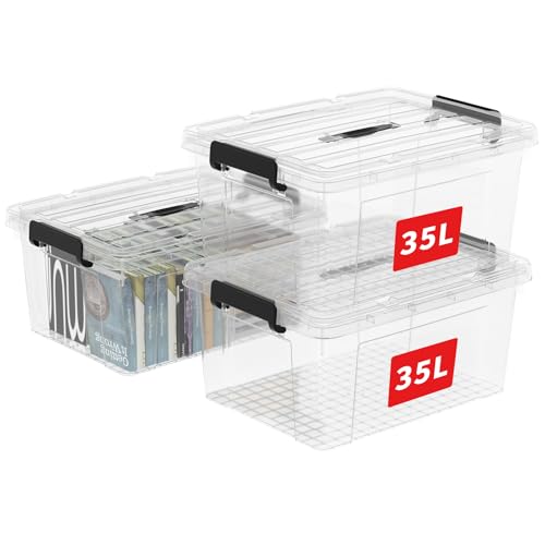 Cetomo,35L,3er-Pack, Aufbewahrungsbox mit deckel,Aufbewahrungsboxen, mit Clips, stapelbar, Wohnzimmer, Schlafzimmer.lebensmittelecht,Verschlussclips,Neumaterial Plastik-Box transparent von Cetomo