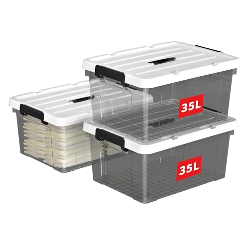 Cetomo,35L,3er-Pack, Aufbewahrungsbox mit deckel,Aufbewahrungsboxen, mit Clips, stapelbar, Wohnzimmer, Schlafzimmer.lebensmittelecht ,Verschlussclips,Neumaterial Plastik-Box transparent schwarz von Cetomo