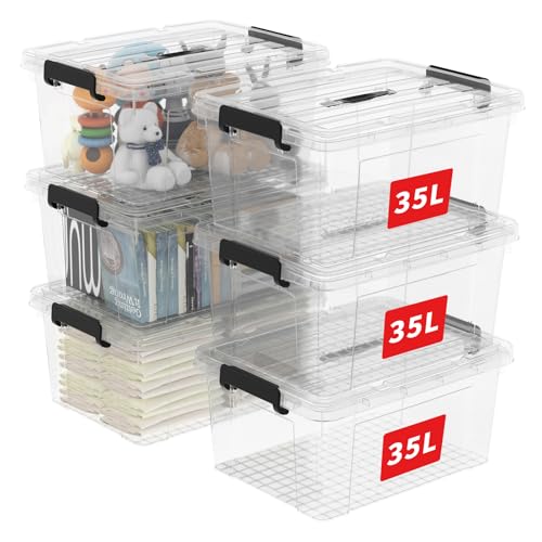 Cetomo,35L,6er-Pack, Aufbewahrungsbox mit deckel,Aufbewahrungsboxen, mit Clips, stapelbar, Wohnzimmer, Schlafzimmer.lebensmittelecht,Verschlussclips,Neumaterial Plastik-Box transparent schwarz von Cetomo