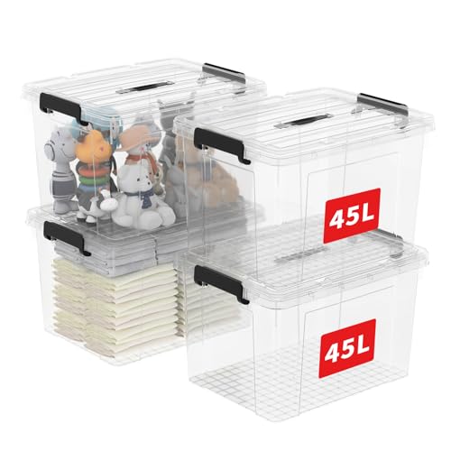 Cetomo,45L,4er-Pack, Aufbewahrungsbox mit deckel,Aufbewahrungsboxen, mit Clips, stapelbar, Wohnzimmer, Schlafzimmer.lebensmittelecht,Verschlussclips,Neumaterial Plastik-Box transparent von Cetomo