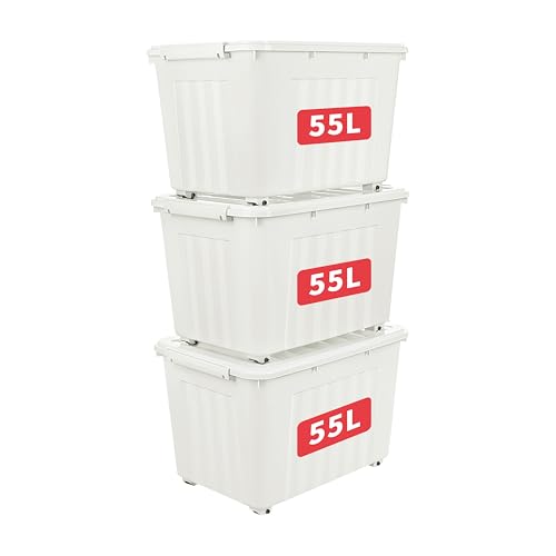 Cetomo 55L*3 Aufbewahrungsboxen mit Deckeln, Kunststoff-Aufbewahrungsbox mit Rollen und Clips, Kunststoffbox für Zuhause und Büro, BPA-frei, Nestbar, Stapelbar, Weiß, 55L-3er Pack von Cetomo