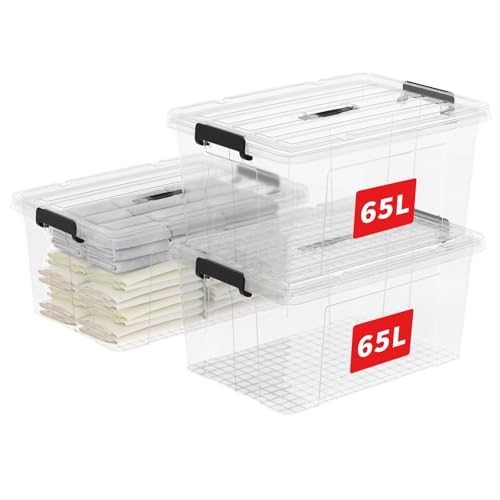 Cetomo,65L,3er-Pack, Aufbewahrungsbox mit deckel,Aufbewahrungsboxen, mit Clips, stapelbar, Wohnzimmer, Schlafzimmer.lebensmittelecht,Verschlussclips,Neumaterial Plastik-Box transparent von Cetomo