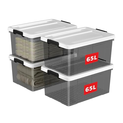 Cetomo,65L,4er-Pack, Aufbewahrungsbox mit deckel,Aufbewahrungsboxen, mit Clips, stapelbar, Wohnzimmer, Schlafzimmer.lebensmittelecht ,Verschlussclips,Neumaterial Plastik-Box transparent von Cetomo