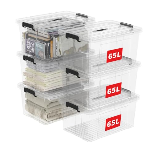 Cetomo,65L,6er-Pack, Aufbewahrungsbox mit deckel,Aufbewahrungsboxen, mit Clips, stapelbar, Wohnzimmer, Schlafzimmer.lebensmittelecht,Verschlussclips,Neumaterial Plastik-Box transparent von Cetomo