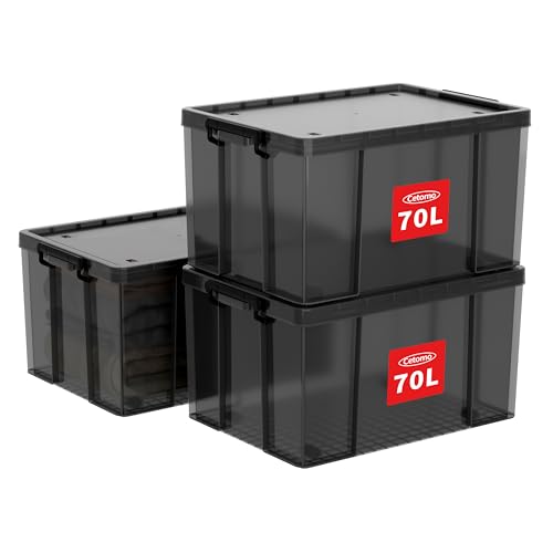 Cetomo,70L,3er-Pack, Aufbewahrungsbox mit deckel,Aufbewahrungsboxen, mit Clips, stapelbar, Wohnzimmer, Schlafzimmer.lebensmittelecht,Verschlussclips,Neumaterial Plastik-Box transparent schwarz von Cetomo