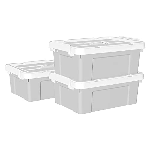 Cetomo 15 l x 3 Kunststoff-Aufbewahrungsbox, Tragetasche, Organisationsbehälter mit robustem Deckel und sicheren Verriegelungsschnallen, stapelbar und stapelbar, 3 Stück, grau mit Schnalle von Cetomo