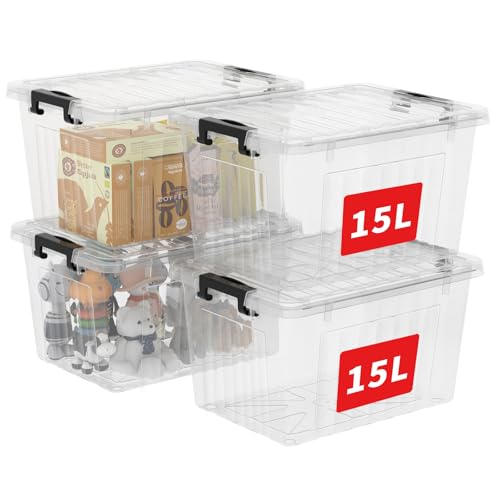 Cetomo 15 l x 4 Kunststoff-Aufbewahrungsbox mit robustem Deckel und sicheren Verriegelungsschnallen, stapelbar und stapelbar, 4 Stück, transparent mit schwarzer Schnalle von Cetomo