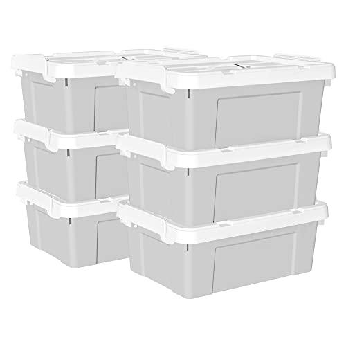 Cetomo 15 l x 6 Kunststoff-Aufbewahrungsbox, Tragetasche, Organisationsbehälter mit robustem Deckel und sicheren Verriegelungsschnallen, stapelbar und stapelbar, 6 Stück, grau mit Schnalle von Cetomo