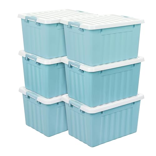 Cetomo 15L*6 Aufbewahrungsboxen mit Deckeln, Kunststoff-Aufbewahrungsbox mit Clips, Kunststoffbox, Ordnungsboxen für Zuhause und Büro, BPA-frei, Nestbar, Stapelbar, Blau, 15L-6er Pack von Cetomo