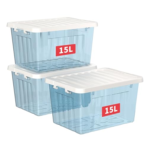 Cetomo 15L*3 Kunststoff-Aufbewahrungsbox Transparent Blau Box mit haltbarem Deckel und Sicherheitsverschluss stapelbar und verschachtelbar 3-Packs mit Verschluss von Cetomo