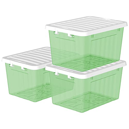 Cetomo 15L*3 Plastic Storage Box,Clear Green, Tote box, Organizing Container with Durable Lid and Secure Latching Buckles, Stackable and Nestable, 3Pack, with Buckle von Cetomo