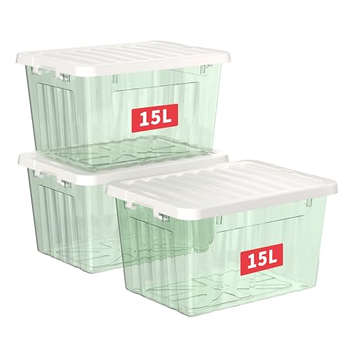 Cetomo 15L*3 Plastic Storage Box,Clear Green, Tote box, Organizing Container with Durable Lid and Secure Latching Buckles, Stackable and Nestable, 3Pack, with Buckle von Cetomo