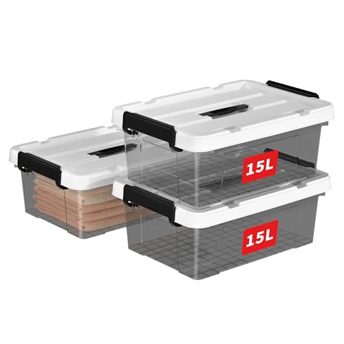 Cetomo 15L*3 Plastic Storage box, Tote box,Organizing Container with Durable Lid and Secure Latching Buckles, Stackable and Nestable, 3Pack, transparent black with Black Buckle von Cetomo