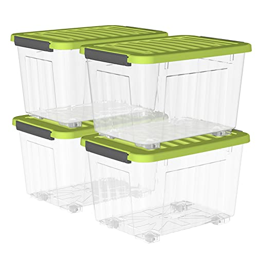 Cetomo 15L*4 Kunststoff-Aufbewahrungsbox Transparent mit langlebigen grünen Deckel und Sicherheitsverschluss stapelbar und verschachtelt 4-Packs mit Verschluss von Cetomo