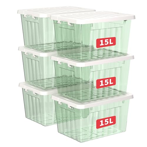 Cetomo 15L*6 Kunststoff-Aufbewahrungsbox transparent grün mit haltbarem Deckel und Sicherheitsverschluss stapelbar und verschachtelbar 6 Stück mit Verschluss von Cetomo