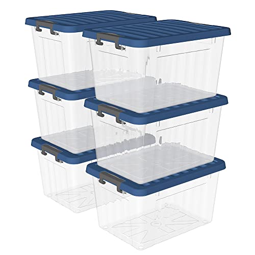 Cetomo 15L*6 Kunststoff-Aufbewahrungsbox transparent mit langlebigen blauen Deckel und Sicherheitsverschluss stapelbar und verschachtelt 6-Packs mit Schnallen von Cetomo
