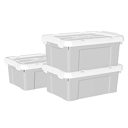 Cetomo 20 l x 3 Kunststoff-Aufbewahrungsbox, Tragetasche, Organisationsbehälter mit robustem Deckel und sicheren Verriegelungsschnallen, stapelbar und stapelbar, 3 Stück, grau mit Schnalle von Cetomo
