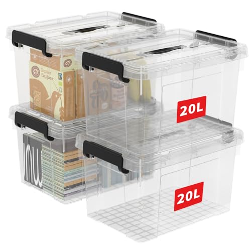 Cetomo,20L,4er-Pack, Aufbewahrungsbox mit deckel,Aufbewahrungsboxen, mit Clips, stapelbar, Wohnzimmer, Schlafzimmer.lebensmittelecht,Verschlussclips,Neumaterial Plastik-Box transparent von Cetomo