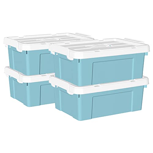 Cetomo 20 l x 4 Kunststoff-Aufbewahrungsbox, Tragetasche, Organisationsbehälter mit robustem Deckel und sicheren Verriegelungsschnallen, stapelbar und stapelbar, 4 Stück, blau mit Schnalle von Cetomo