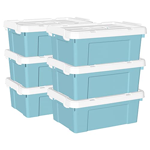 Cetomo 20 l x 6 Kunststoff-Aufbewahrungsbox, Tragetasche, Organisationsbehälter mit robustem Deckel und sicheren Verriegelungsschnallen, stapelbar und stapelbar, 6 Stück, blau mit Schnalle von Cetomo