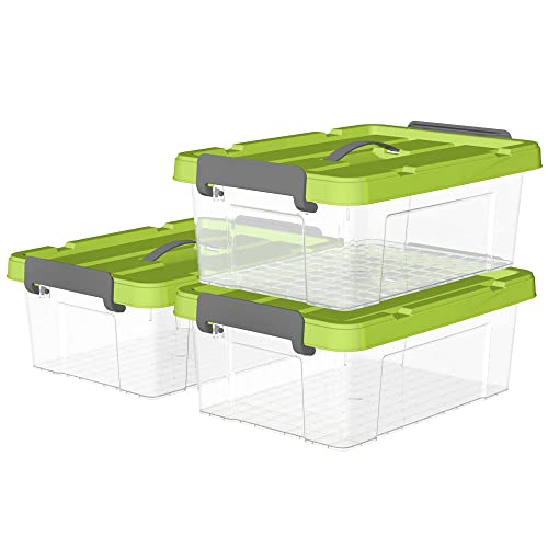 Cetomo 20L*3 Kunststoff-Aufbewahrungsbox Box transparent Behälter mit langlebigen grünen Deckel und Sicherheitsverschluss stapelbar und verschachtelt 3 Packs von Cetomo
