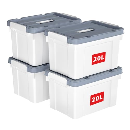 Cetomo 20L*4 Kunststoff-Aufbewahrungsbox Box mit haltbarem Deckel und Sicherheitsverschluss stapelbar und verschachtelbar 4 Stück Weiß von Cetomo