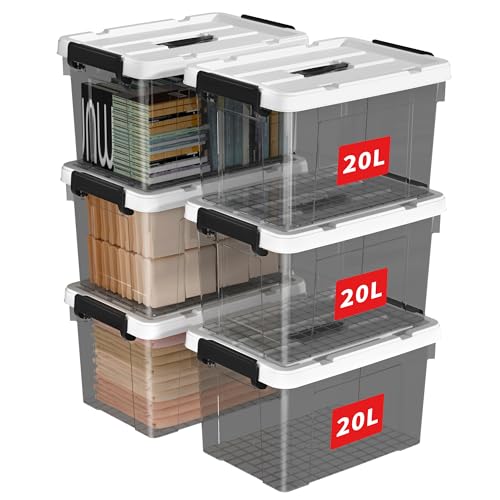Cetomo 20L*6 Plastic Storage box, Tote box,Organizing Container with Durable Lid and Secure Latching Buckles, Stackable and Nestable, 6Pack, transparent black with Black Buckle von Cetomo