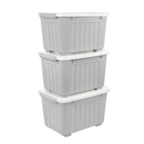 Cetomo,35L,3er-Pack, Aufbewahrungsbox mit deckel,Aufbewahrungsboxen, mit Clips, stapelbar, Wohnzimmer, Schlafzimmer.lebensmittelecht ,Verschlussclips,Neumaterial Plastik-Box grau von Cetomo