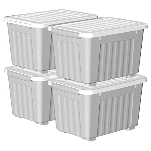 Cetomo Aufbewahrungsbox aus Kunststoff, 35 l x 4, Grau, Aufbewahrungsbox, Aufbewahrungsbehälter mit robustem Deckel und sicheren Verschlussschnallen, stapelbar und stapelbar, 4er-Pack, mit Schnalle von Cetomo
