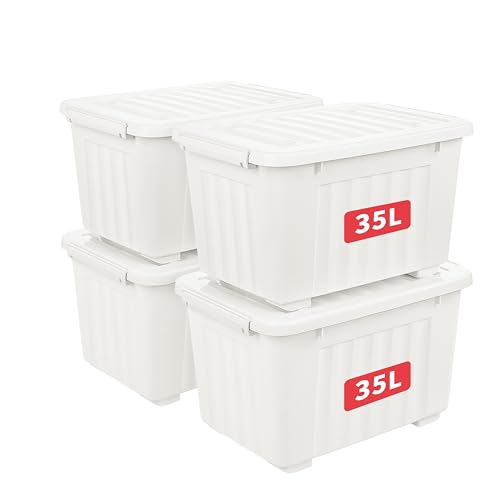 Cetomo 35L*4 Aufbewahrungsboxen mit Deckeln, Kunststoff-Aufbewahrungsbox mit Rollen und Clips, Kunststoffbox für Zuhause und Büro, BPA-frei, Nestbar, Stapelbar, Weiß, 35L-4er Pack von Cetomo