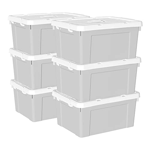 Cetomo 35 l x 6 Kunststoff-Aufbewahrungsbox, Tragetasche, Organisationsbehälter mit robustem Deckel und sicheren Verriegelungsschnallen, stapelbar und stapelbar, 6 Stück, grau mit Schnalle von Cetomo