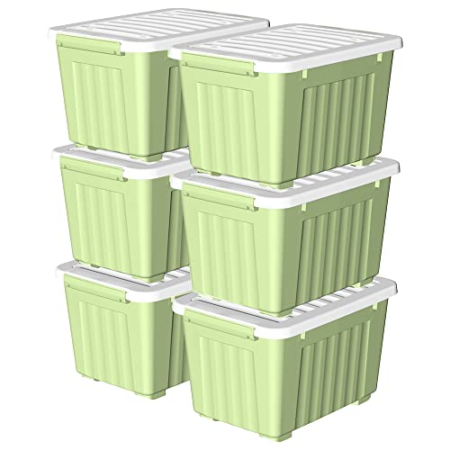 Cetomo 35 l x 6 Kunststoff-Aufbewahrungsbox, grün, Tragetasche, Organisationsbehälter mit robustem Deckel und sicheren Verriegelungsschnallen, stapelbar und stapelbar, 6 Stück, mit Schnalle von Cetomo