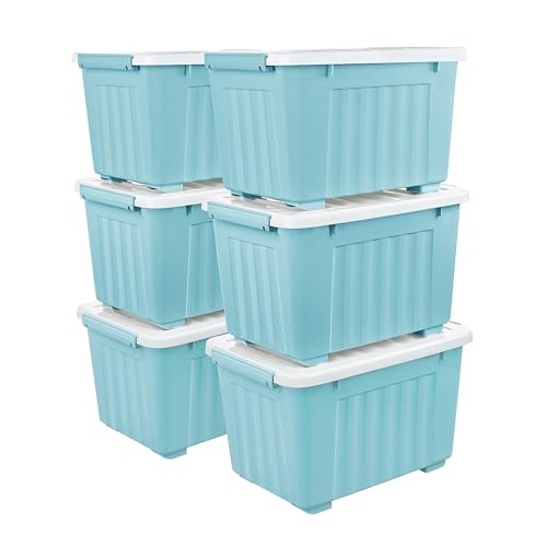 Cetomo 35L*6 Aufbewahrungsboxen mit Deckeln, Kunststoff-Aufbewahrungsbox mit Rollen und Clips, Kunststoffbox für Zuhause und Büro, BPA-frei, Nestbar, Stapelbar, Blau, 35L-6er Pack von Cetomo