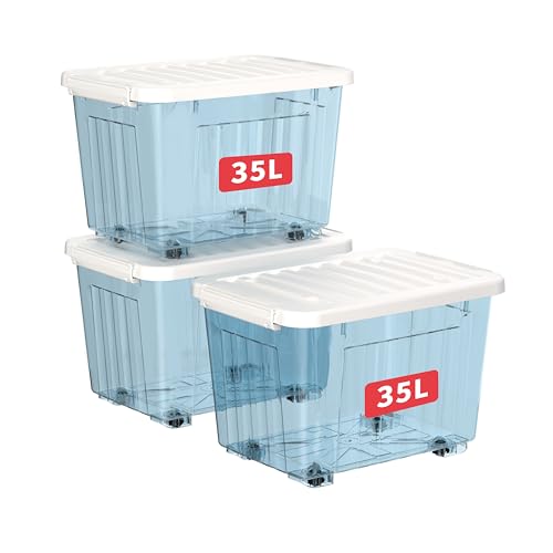 Cetomo 35L*3 Kunststoff-Aufbewahrungsbox Transparent Blau Box Behälter mit haltbarem Deckel und Sicherheitsverschluss stapelbar und verschachtelbar 3-Packs mit Verschluss von Cetomo