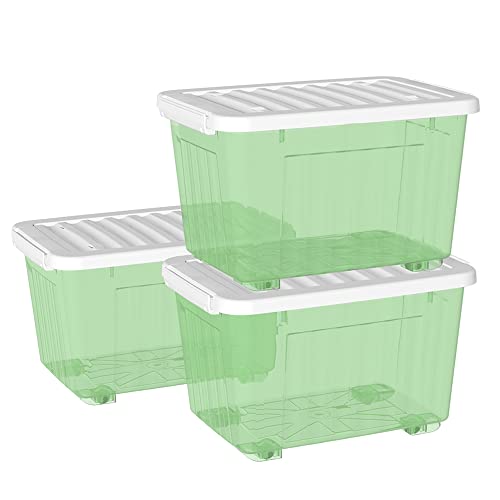 Cetomo 35L*3 Kunststoff-Aufbewahrungsbox Transparent Grün mit haltbarem Deckel und Sicherheitsverschluss stapelbar und verschachtelbar 3-Packs mit Verschluss von Cetomo