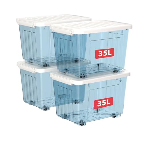 Cetomo 35L*4 Kunststoff-Aufbewahrungsbox Transparent Blau Box Behälter mit haltbarem Deckel und Sicherheitsverschluss stapelbar und verschachtelt 4-Packs mit Verschluss von Cetomo