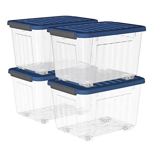Cetomo 35L*4 Kunststoff-Aufbewahrungsbox Transparent mit langlebigen blauen Deckel und Sicherheitsverschluss stapelbar und verschachtelbar 4-Packs mit Verschluss von Cetomo