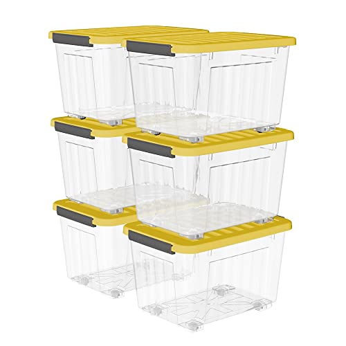 Cetomo 35L*6 Kunststoff-Aufbewahrungsbox Transparent Container mit langlebigen gelben Deckel und Sicherheitsverschluss stapelbar und verschachtelt 6 Stück mit Verschluss von Cetomo