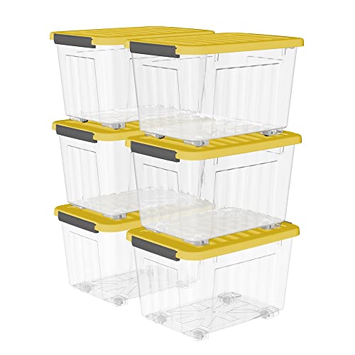 Cetomo 35L*6 Kunststoff-Aufbewahrungsbox Transparent Container mit langlebigen gelben Deckel und Sicherheitsverschluss stapelbar und verschachtelt 6 Stück mit Verschluss von Cetomo