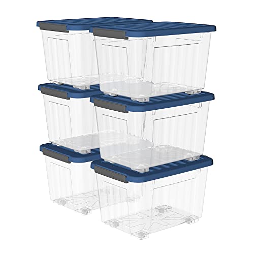 Cetomo 35L*6 Kunststoff-Aufbewahrungsbox Transparent Container mit strapazierfähigem blauen Deckel und Sicherheitsverschluss stapelbar und verschachtelt 6-Packs mit Schnallen von Cetomo