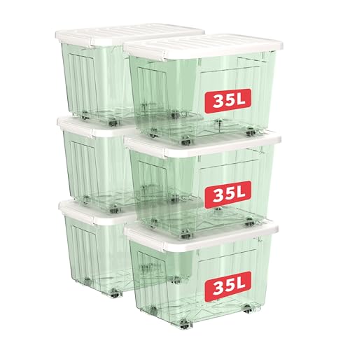 Cetomo 35L*6 Kunststoff-Aufbewahrungsbox transparent grün mit haltbarem Deckel und Sicherheitsverschluss stapelbar und verschachtelbar 6-Packs mit Verschluss von Cetomo