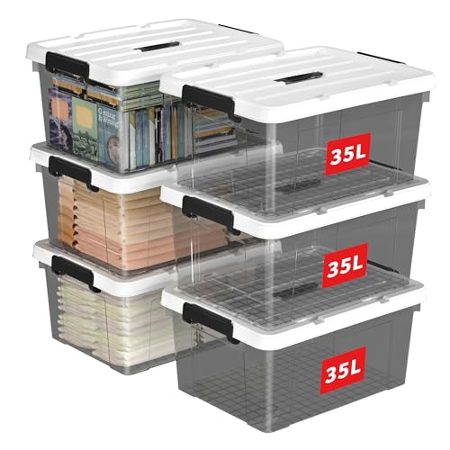 Cetomo 35L*6 Plastic Storage box, Tote box,Organizing Container with Durable Lid and Secure Latching Buckles, Stackable and Nestable, 6Pack, transparent black with Black Buckle von Cetomo