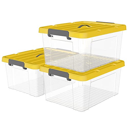 Cetomo 35L *3 Kunststoff-Aufbewahrungsbox Box transparent Behälter mit langlebigen gelben Deckel und Sicherheitsverschluss stapelbar und verschachtelt 3 Packs von Cetomo