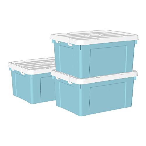 Cetomo 45 l x 3 Kunststoff-Aufbewahrungsbox, Tragetasche, Organisationsbehälter mit robustem Deckel und sicheren Verriegelungsschnallen, stapelbar und stapelbar, 3 Stück, blau mit Schnalle von Cetomo