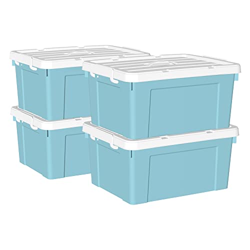 Cetomo 45 l x 4 Kunststoff-Aufbewahrungsbox, Tragetasche, Organisationsbehälter mit robustem Deckel und sicheren Verriegelungsschnallen, stapelbar und stapelbar, 4 Stück, blau mit Schnalle von Cetomo