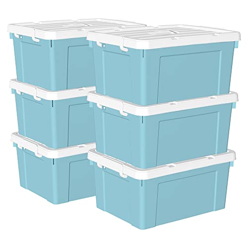 Cetomo 45 l x 6 Kunststoff-Aufbewahrungsbox, Tragetasche, Organisationsbehälter mit robustem Deckel und sicheren Verriegelungsschnallen, stapelbar und stapelbar, 6 Stück, blau mit Schnalle von Cetomo